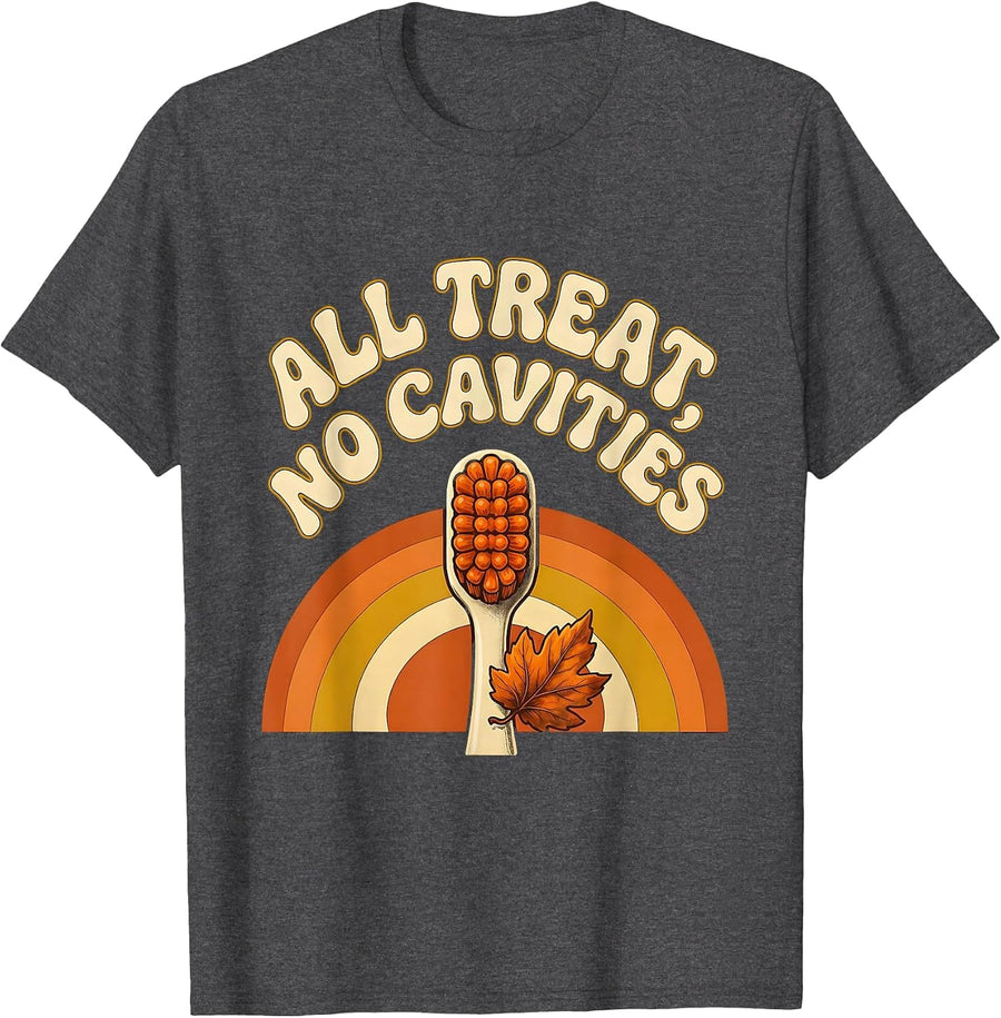 Men's All Treat, No Cavities Retro Dental Hygienist Halloween T-Shirt - Dark Heather Grey