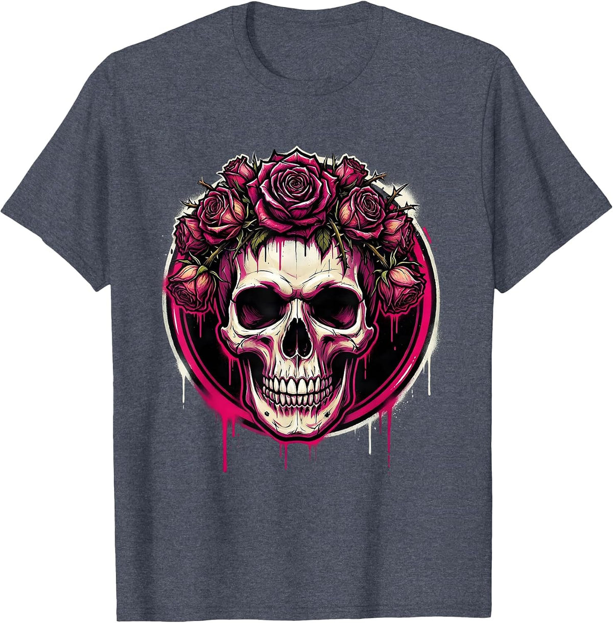Punk Skull Wilting Roses Gothic Crown Art T-Shirt - Heather Blue