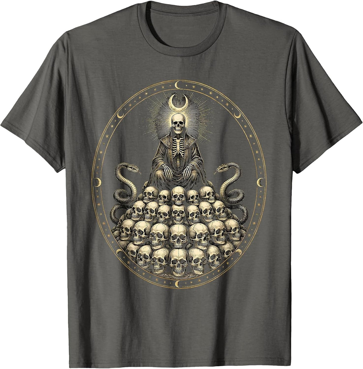 Skeleton Throne of Skulls Dark Fantasy Art T-Shirt - Asphalt Grey