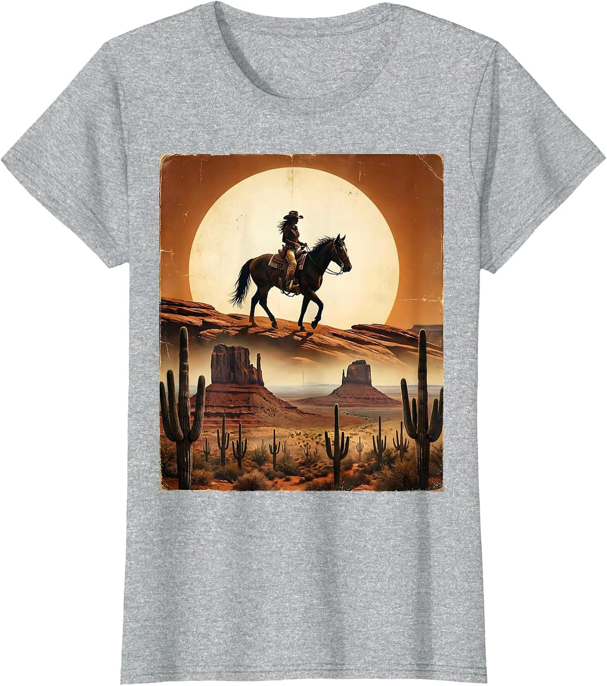Cowgirl Silhouette Desert Sunset Western Art T-Shirt - Heather Grey