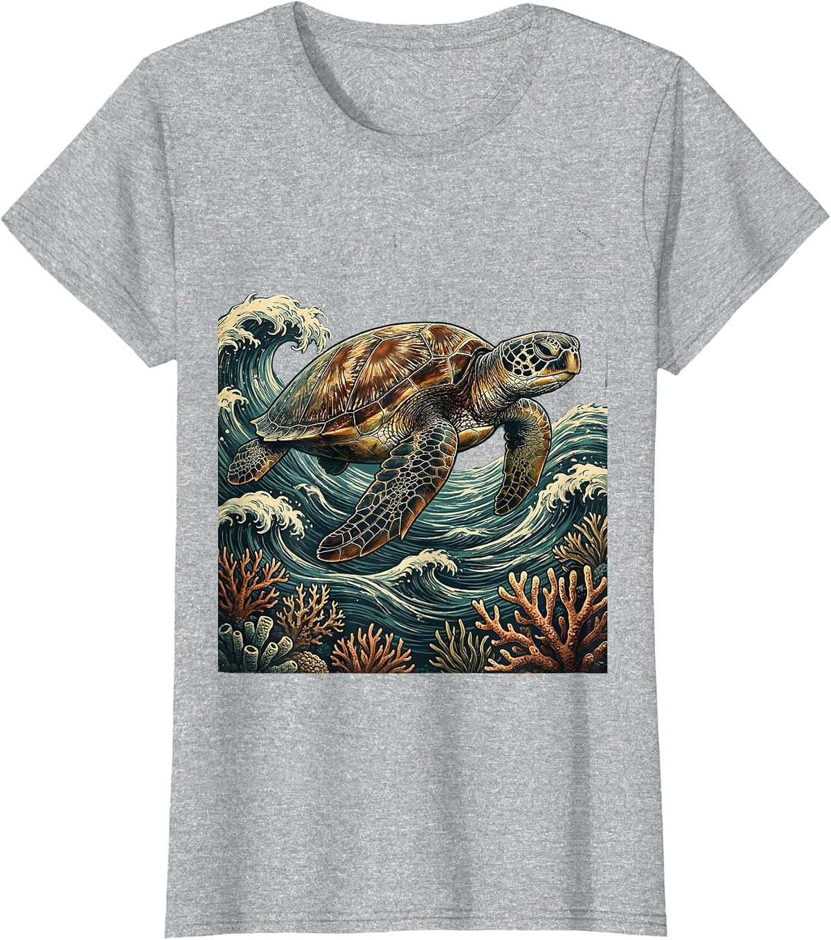 Hawaiian Sea Turtle Turquoise Ocean Waves Design T-Shirt - Heather Grey