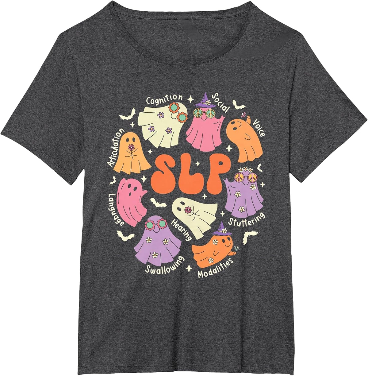 Cute Ghost Friends Halloween AAC SLP Squad Speech Language T-Shirt - Dark Heather Grey