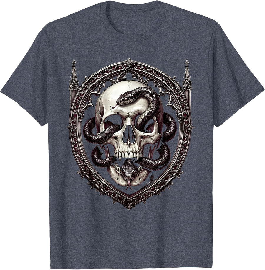 Snake Through Skull Eye Socket Dark Gothic Art T-Shirt - Heather Blue