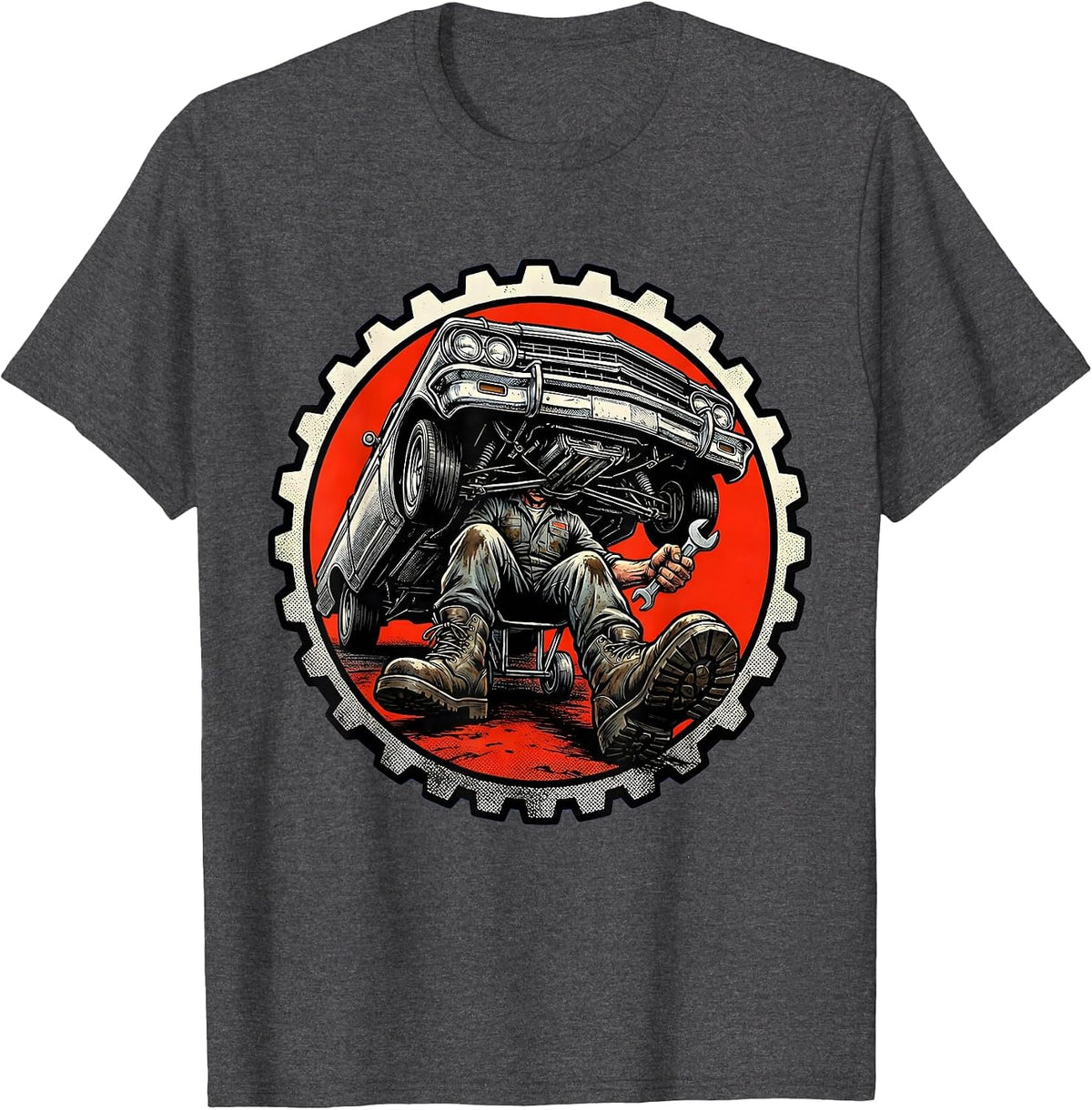 Mechanic Rolling Under Lowrider Graphic T-Shirt - Dark Heather Grey