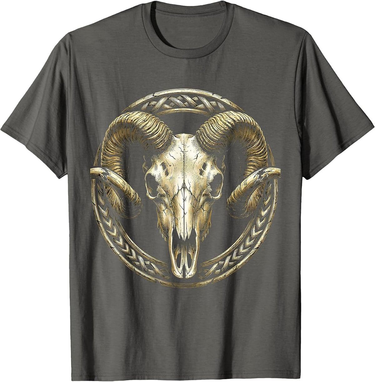 Ram Skull Broken Horns Metal Graphic Design T-Shirt - Asphalt Grey