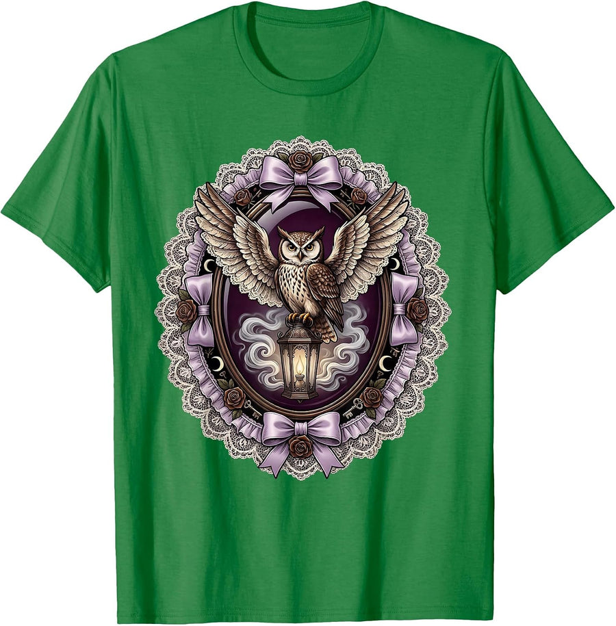 Men's Owl on Glowing Lantern Halloween Fog Design T-Shirt - Kelly Green