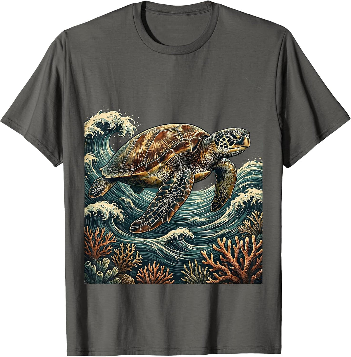 Hawaiian Sea Turtle Turquoise Ocean Waves Design T-Shirt - Asphalt Grey