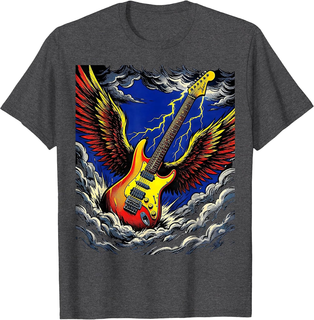Winged Guitar Soaring Through Storm Clouds T-Shirt - Dark Heather Grey
