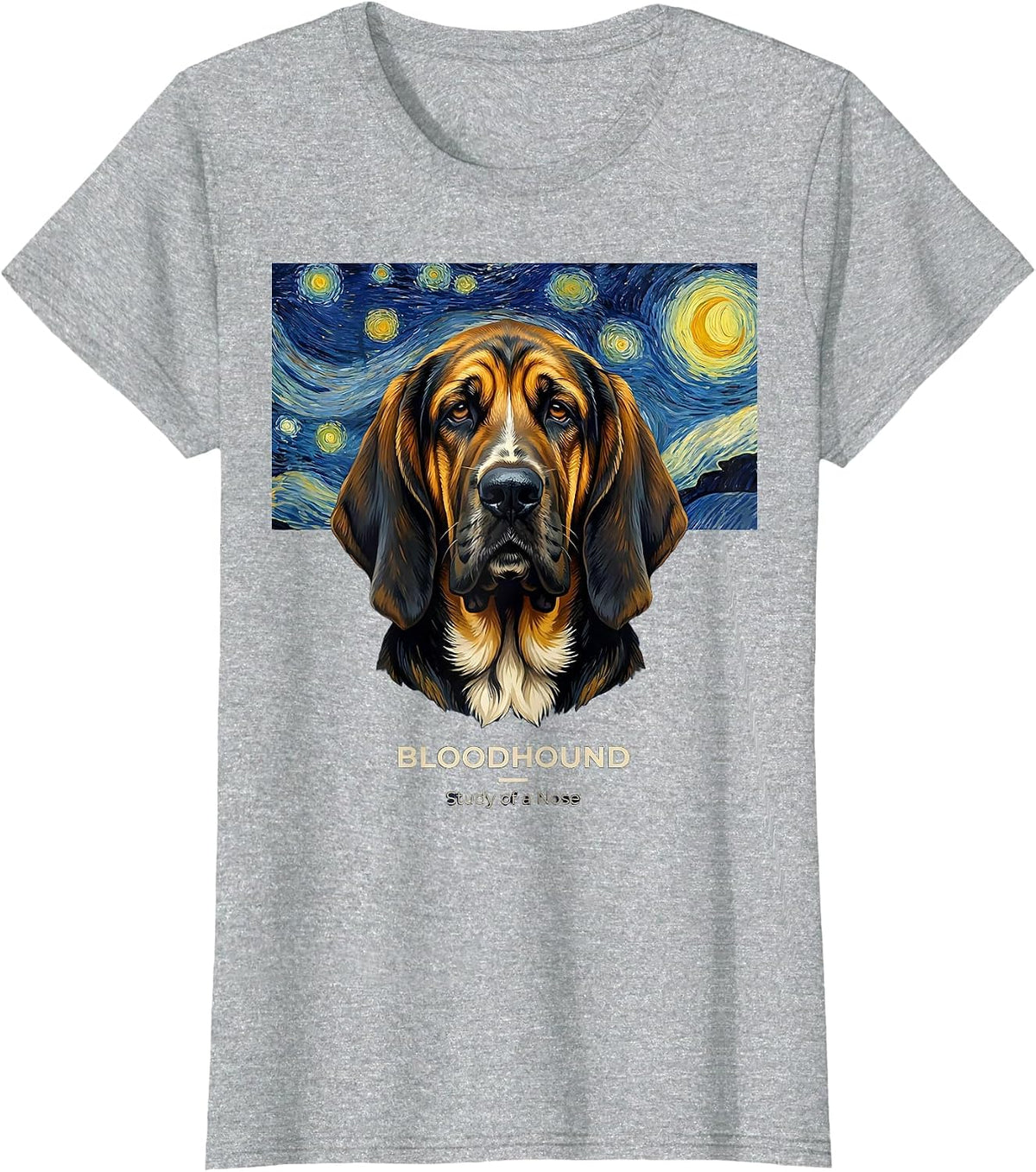 Women's Bloodhound Study of a Nose Whimsical Art Homage Pet Portrait T-Shirt - Heather Grey