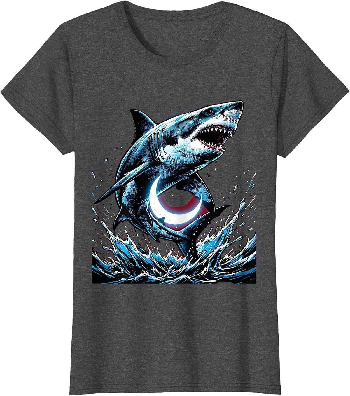 Women's Shark Leaping Over Crescent Moon Graphic T-Shirt - Dark Heather Grey
