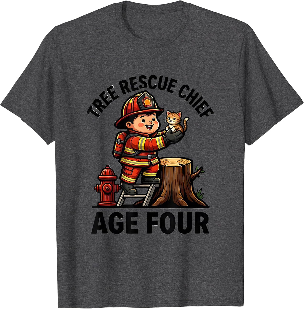 Men's Tree Rescue Chief Age Four Cute Toddler Firefighter Birthday T-Shirt - Dark Heather Grey