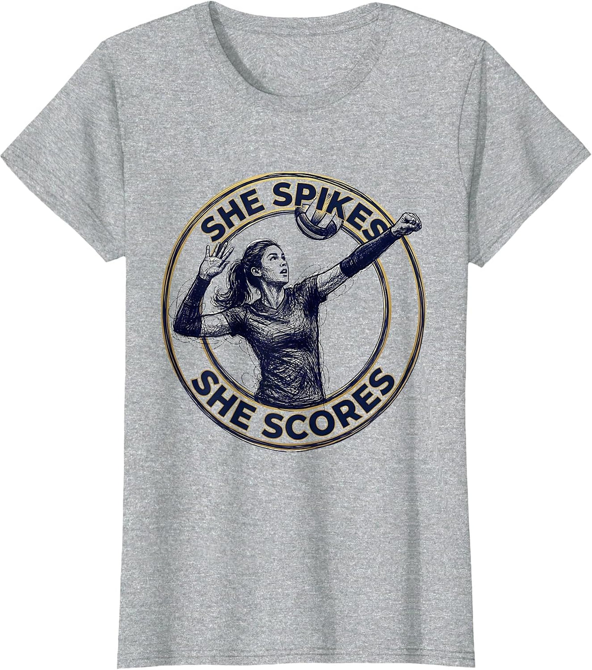 She Spikes She Scores Volleyball Design T-Shirt - Heather Grey
