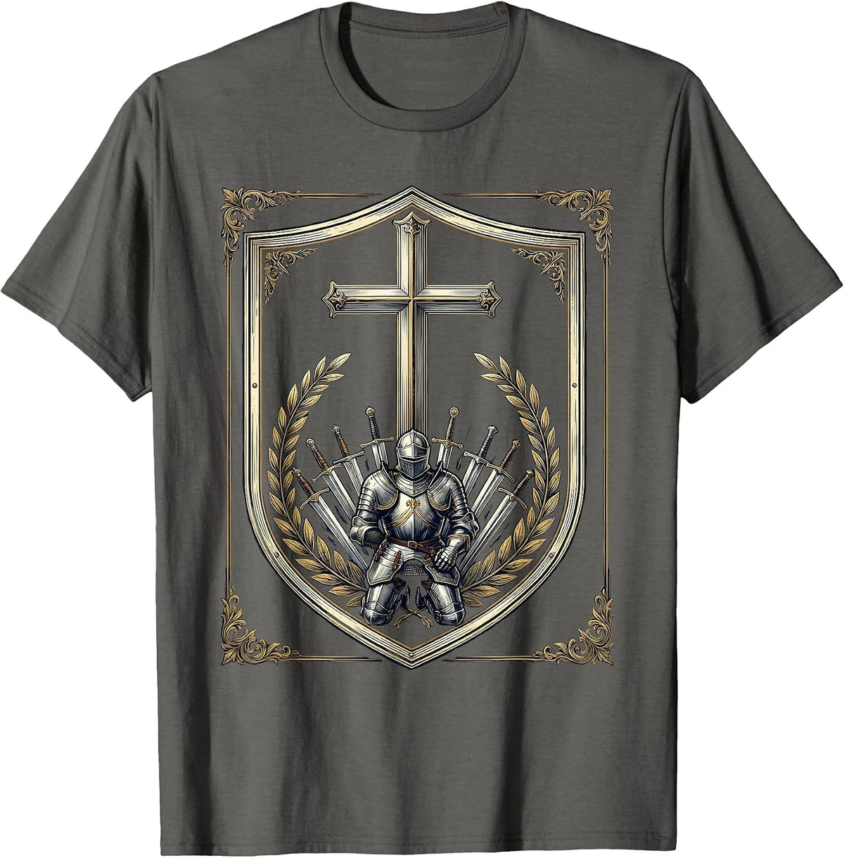 Kneeling Soldier Armor at the Cross Faith Graphic T-Shirt - Asphalt Grey
