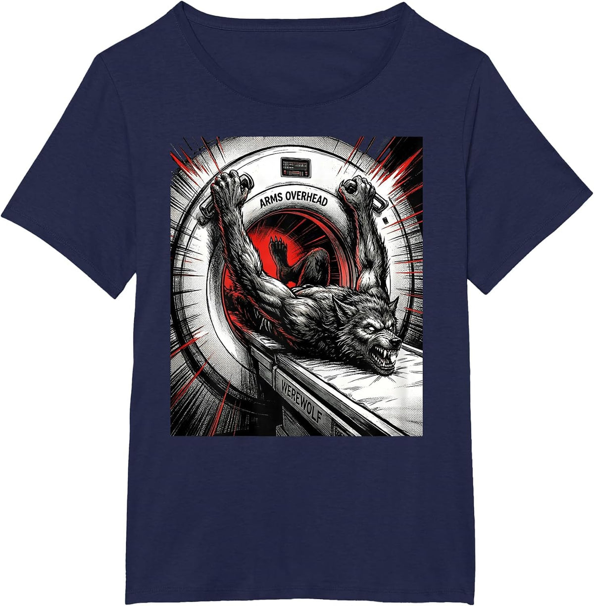 Women's Arms Overhead Werewolf Comic Book Radiology Tech Halloween T-Shirt - Navy Blue