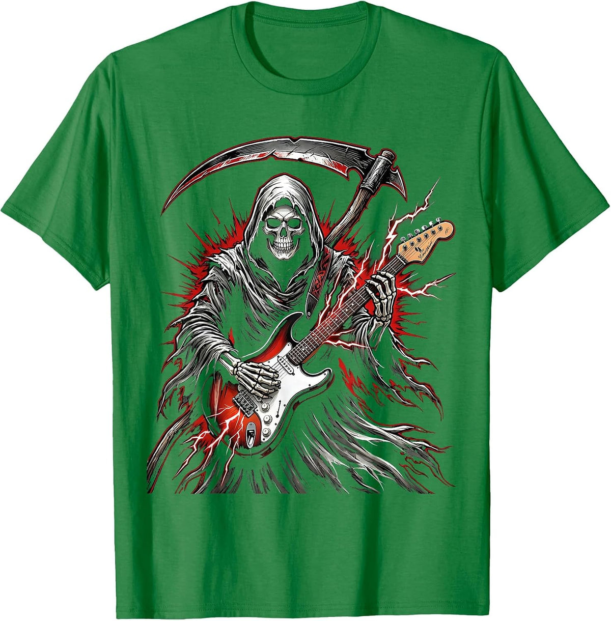 Men's Grim Reaper Electric Guitar Rock Halloween Design T-Shirt - Kelly Green