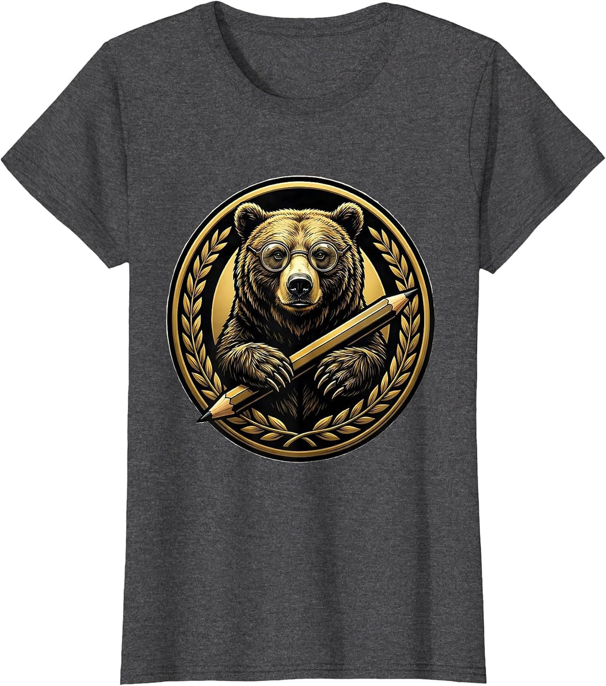 Women's Math Teacher Bear Wearing Glasses Holding Pencil T-Shirt - Dark Heather Grey