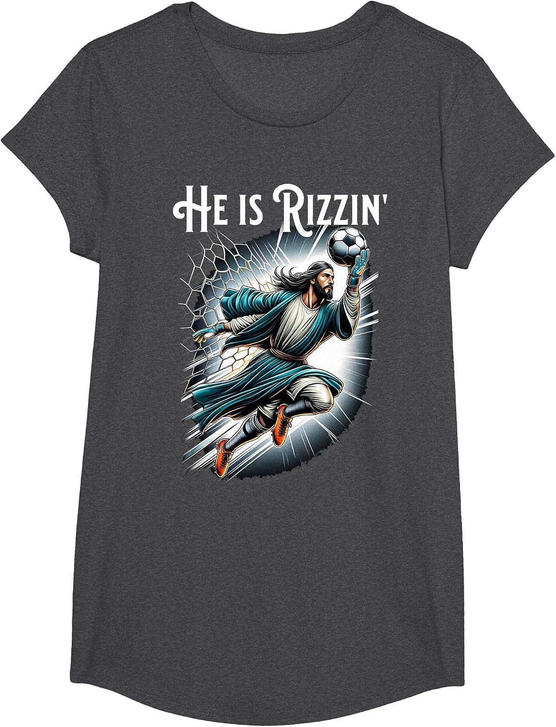 Rizzen Funny Sports Rizz He is Rizzin Jesus Playing Soccer T-Shirt - Girls Dark Heather Grey