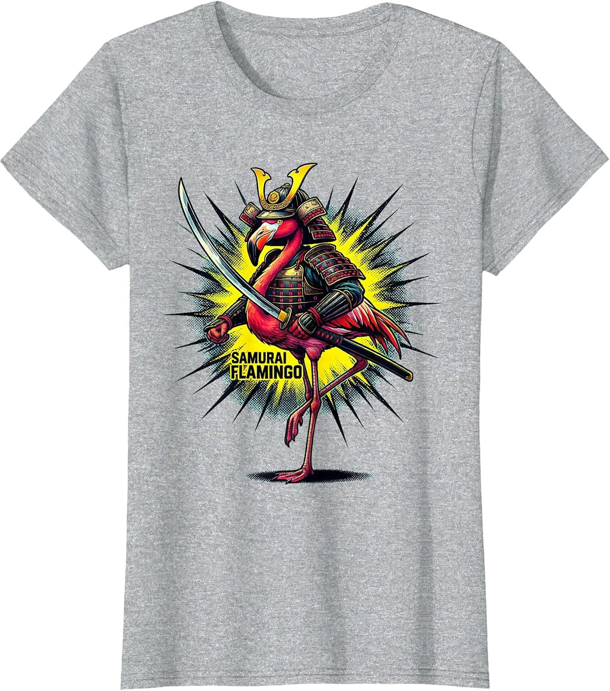 Women's Samurai Flamingo Pop Art Anime Warrior Graphic T-Shirt - Heather Grey