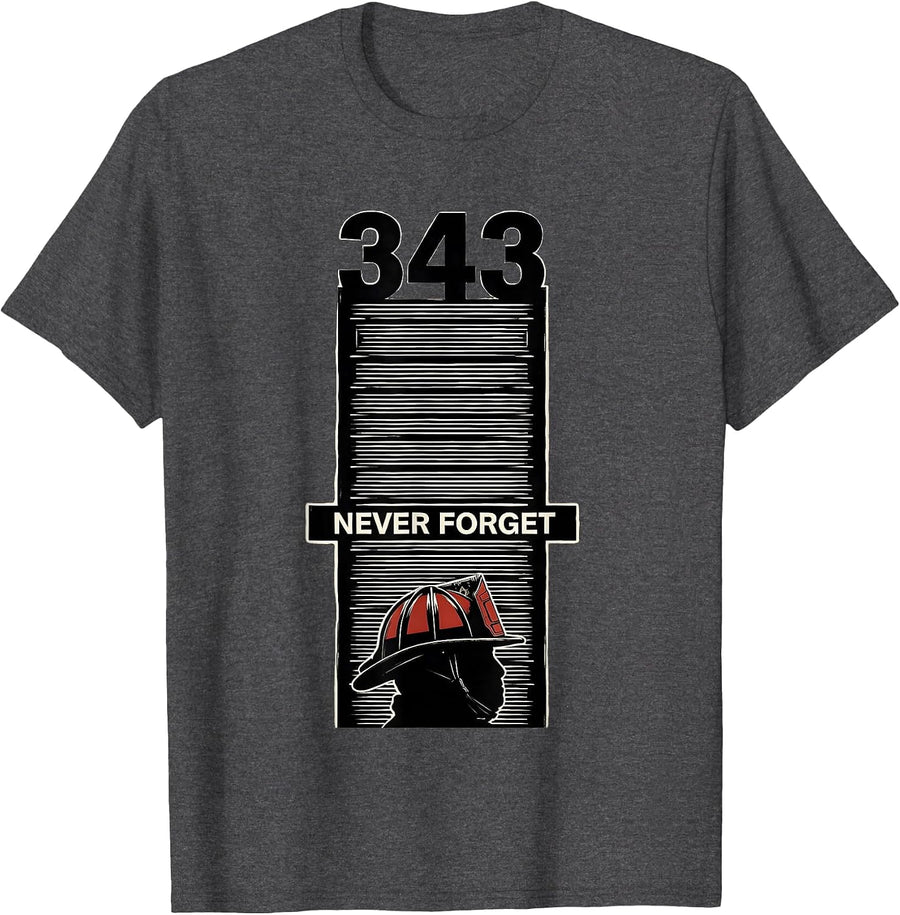 Men's Never Forget 343 Scratchboard Firefighter Memorial Tribute T-Shirt - Dark Heather Grey