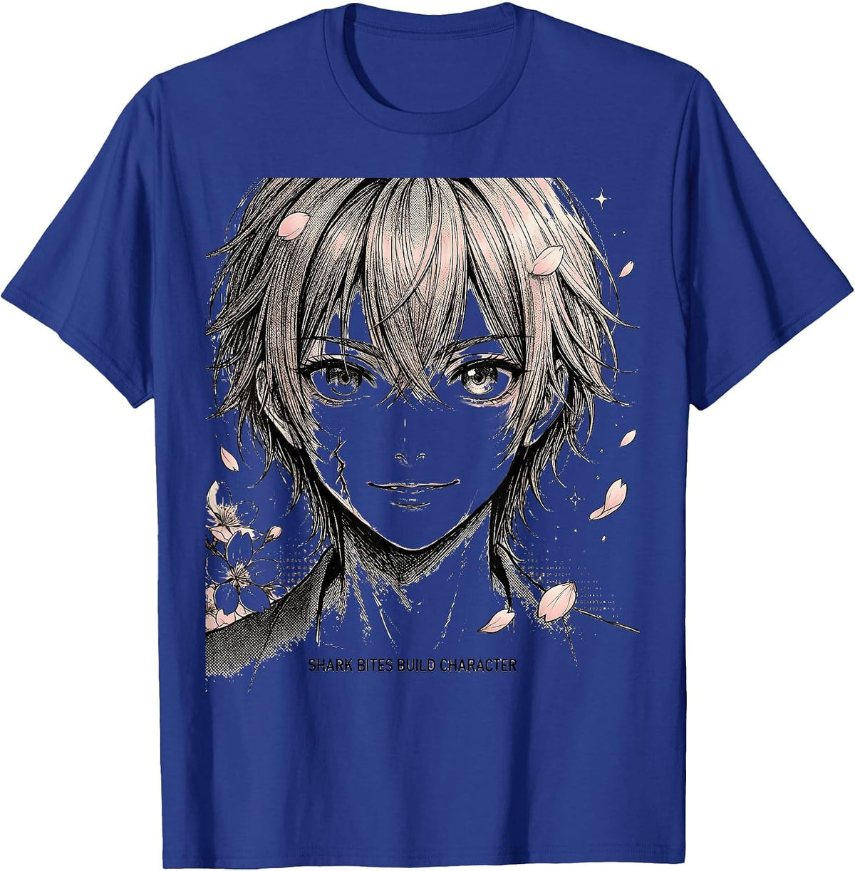 Men's Shark Bites Build Character Funny Ocean Design T-Shirt - Royal Blue