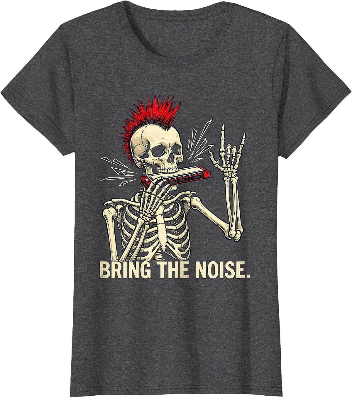 Women's Bring The Noise Punk Rock Skeleton Skull Halloween Music T-Shirt - Dark Heather Grey