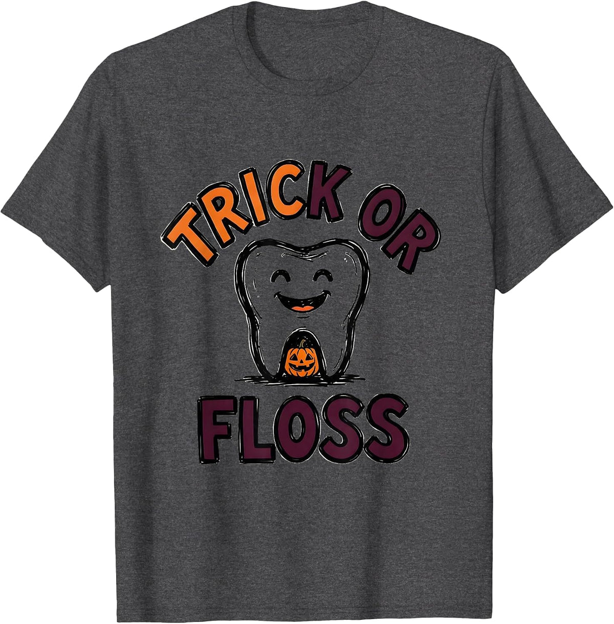 Trick Or Floss Funny Dental Hygienist Halloween Work T-Shirt - Dark Heather Grey