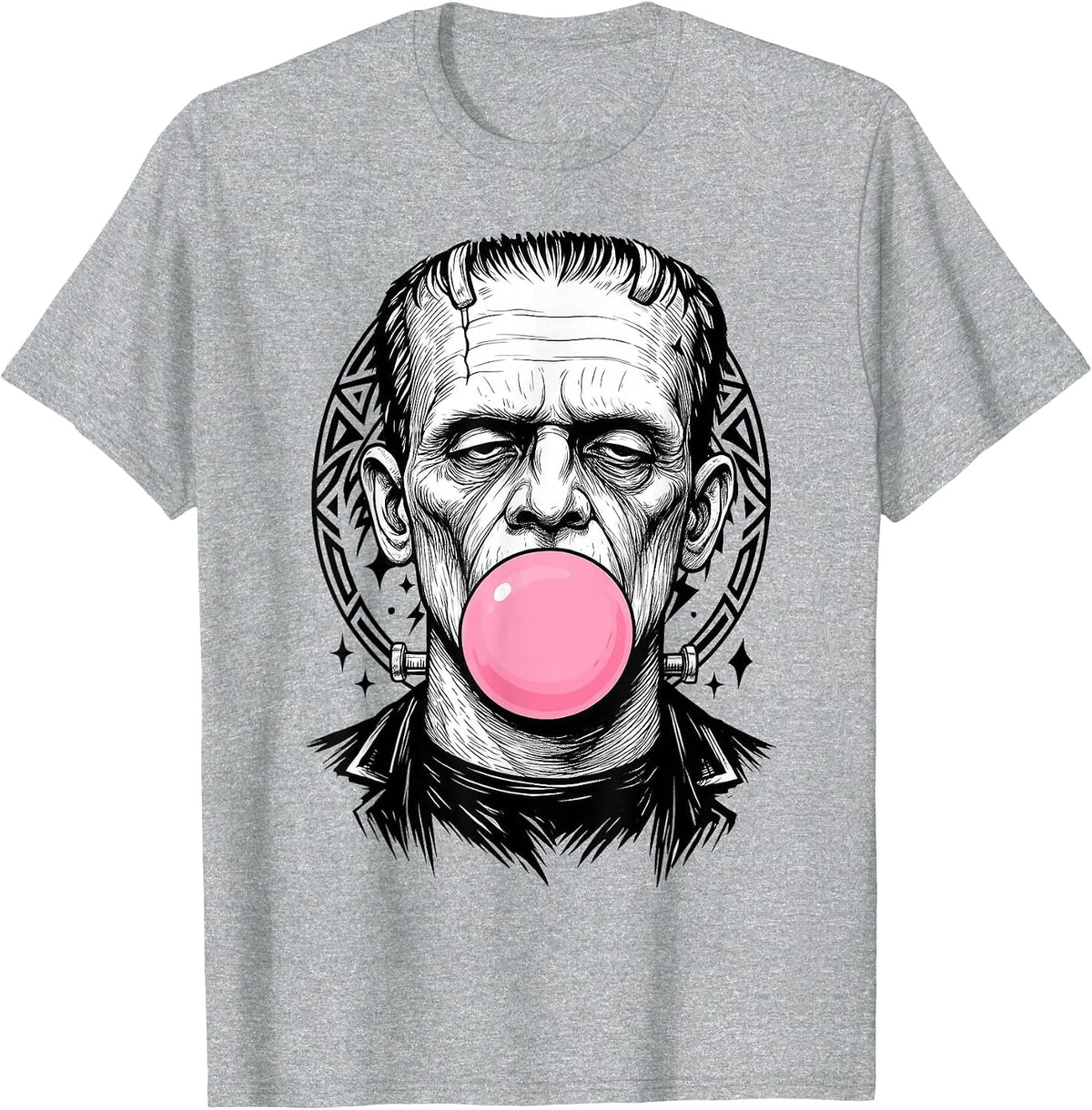 Frankenstein Monster Bubble Gum Funny Vintage Halloween T-Shirt - Heather Grey