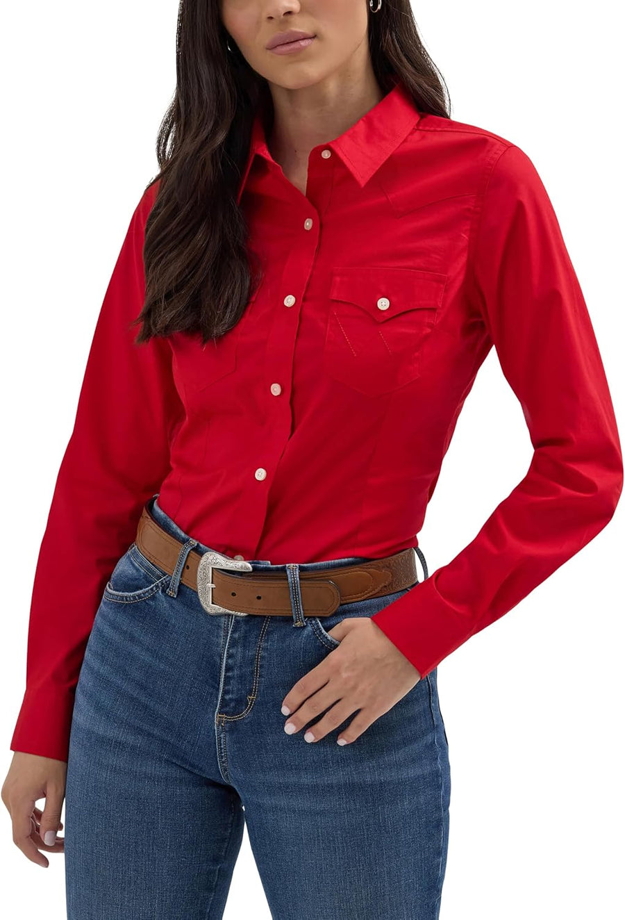 Wrangler Women's Retro Long Sleeve Cool Blue Solid Western Shirt - Red
