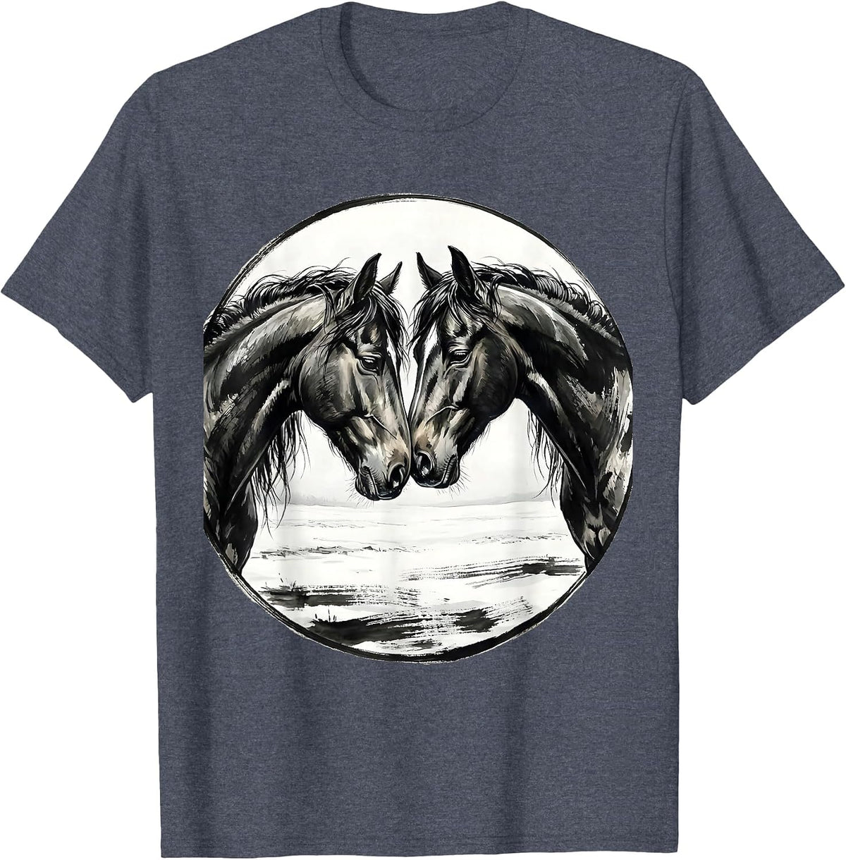 Two Horses Touching Noses in Snowy Field T-Shirt - Heather Blue