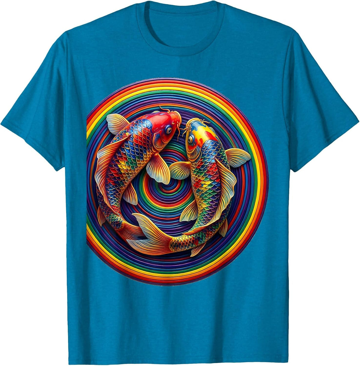 Koi Fish Swimming Through Paint Ripples Art T-Shirt - Sapphire Blue