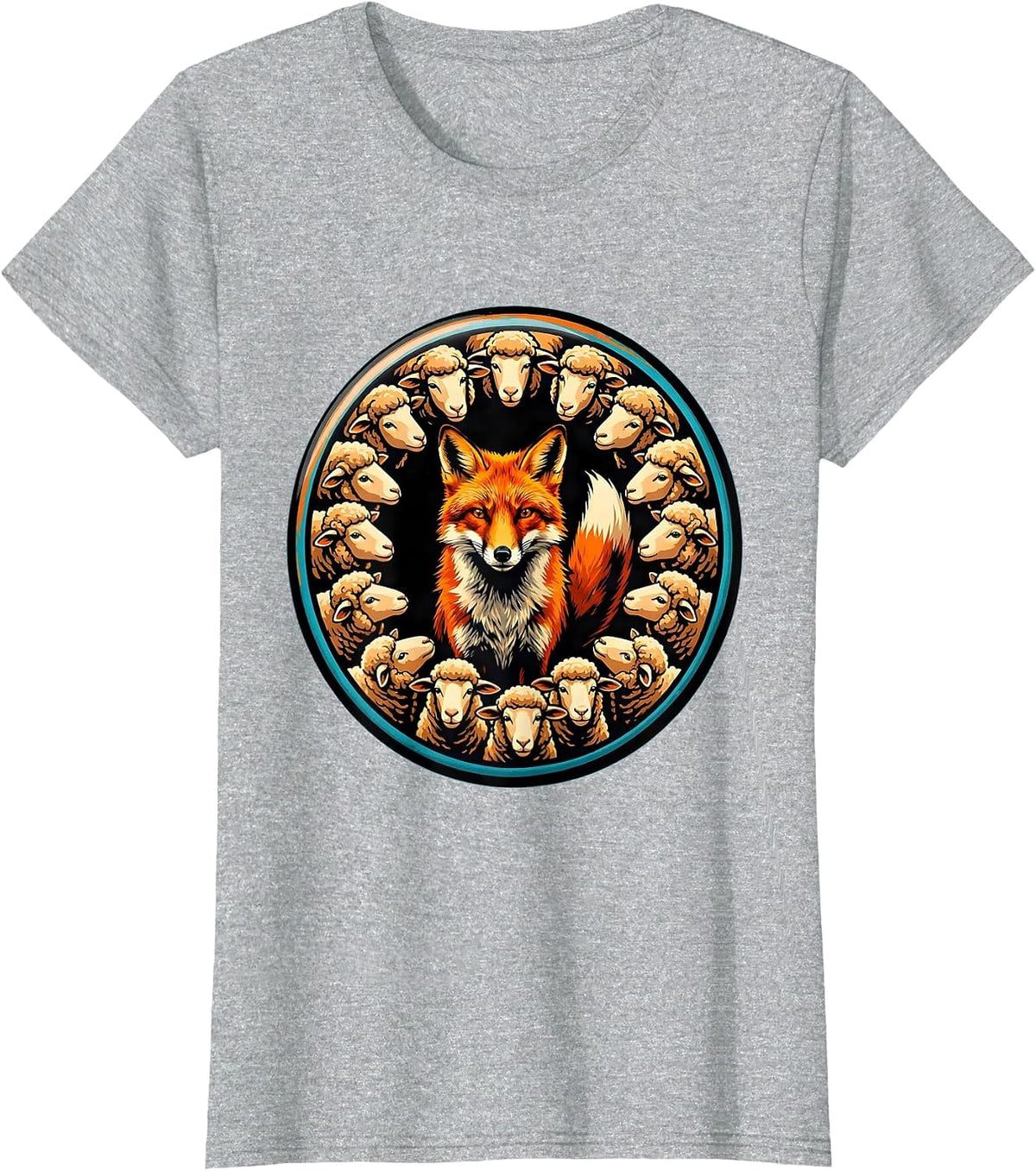 Lone Fox in a Crowd of Sheep Illustration T-Shirt - Heather Grey