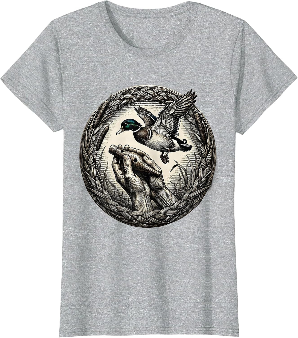 Women's Duck Caller Weathered Lips Hunting Illustration T-Shirt - Heather Grey