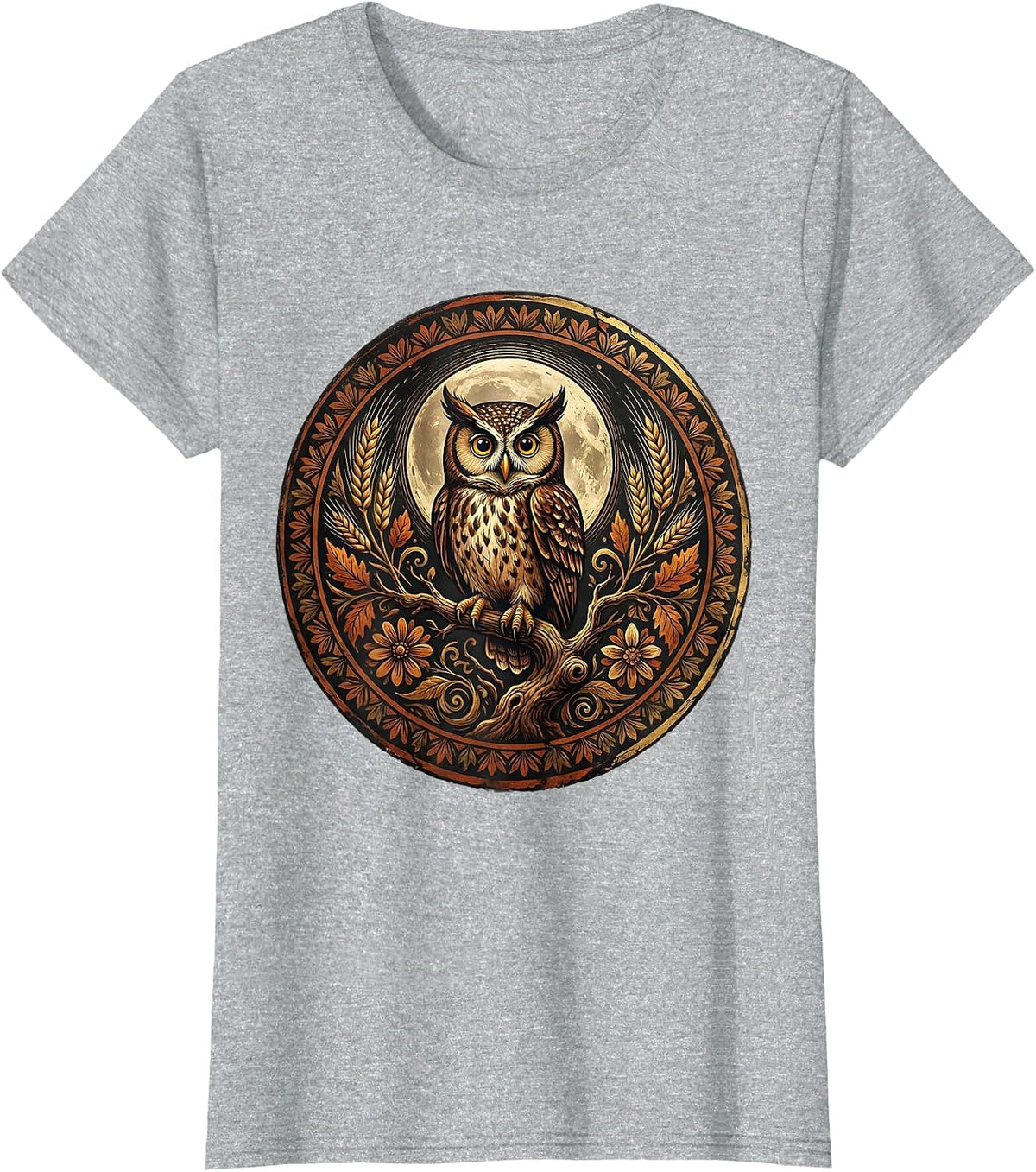 Women's Owl Harvest Moon Thanksgiving Graphic T-Shirt - Heather Grey