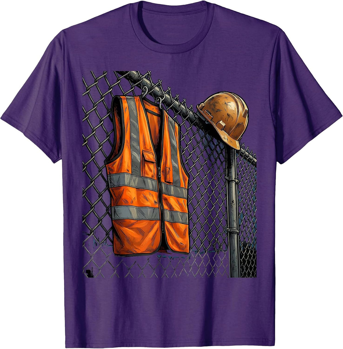 Safety Vest on Chain-Link Fence Blue Collar T-Shirt - Purple