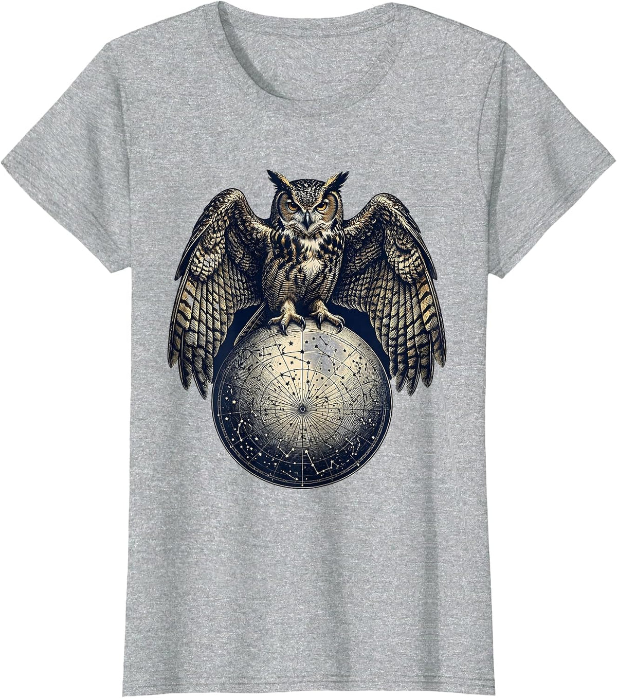Women's Owl Perched on Constellation Map Illustration T-Shirt - Heather Grey