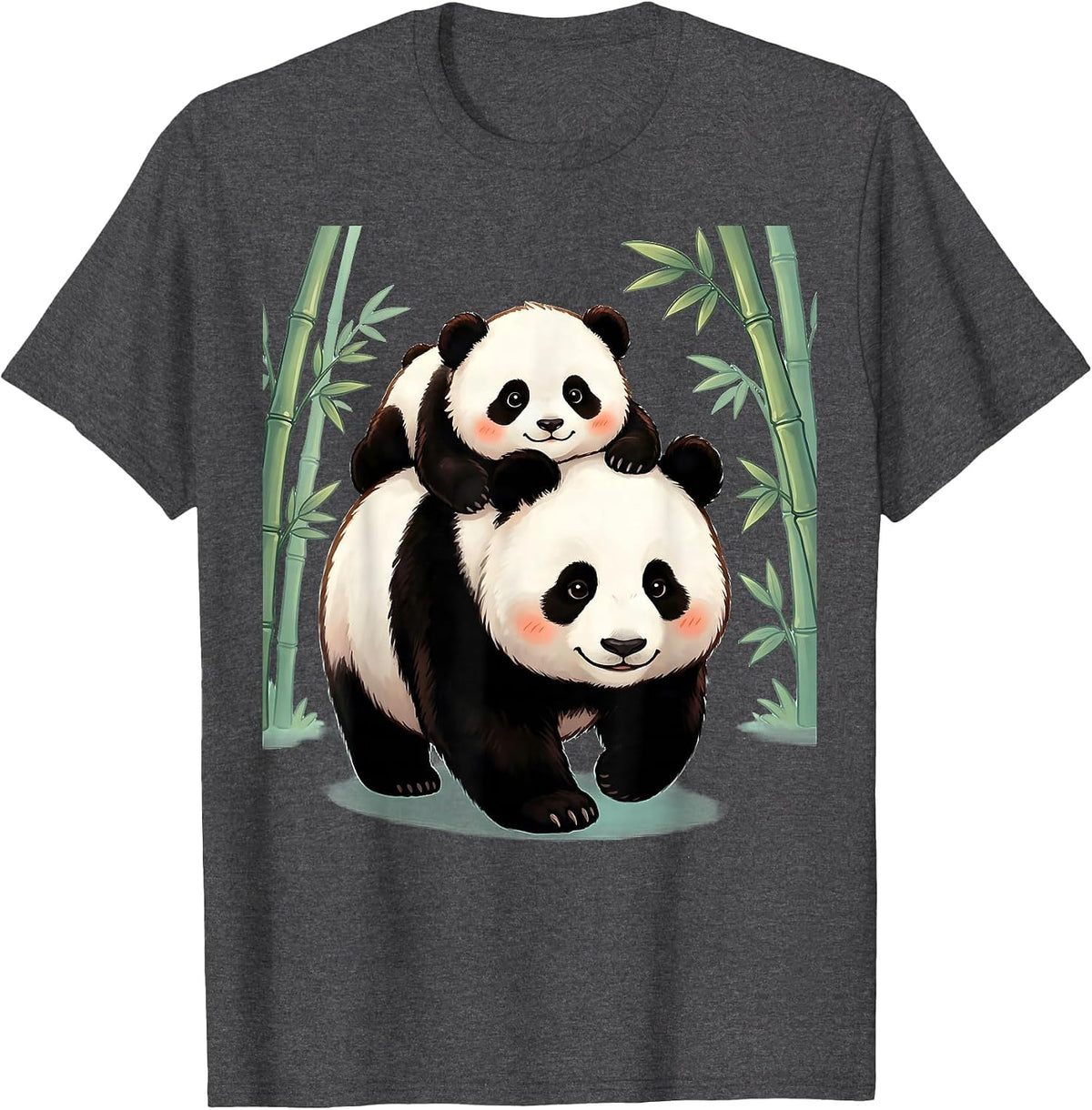 Men's Baby Panda Riding on Mother's Back Illustration T-Shirt - Dark Heather Grey