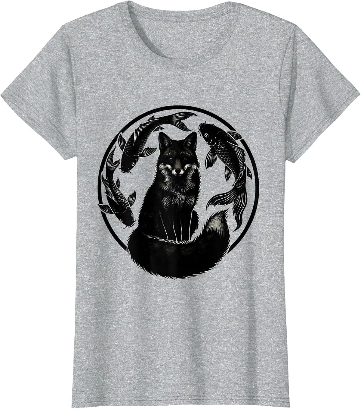 Fox and Koi Fish Nature Art Graphic Design T-Shirt - Heather Grey