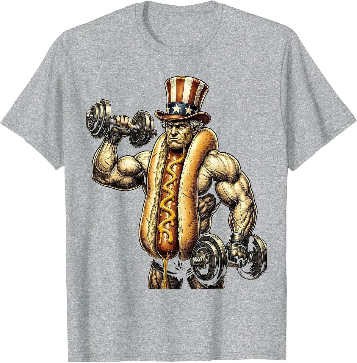Men's Funny Hot Dog Bicep Curl Gym Workout Illustration T-Shirt - Heather Grey