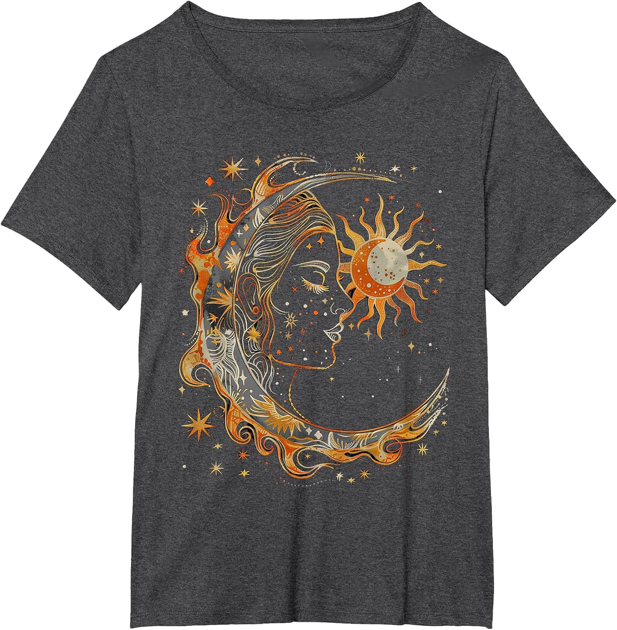 Mystical Sun and Moon with Woman Mystical Flowers Aesthetic T-Shirt - Dark Heather Grey