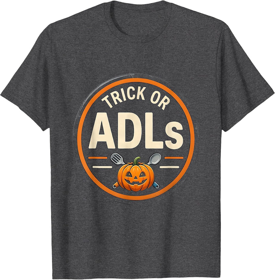 Men's Trick or ADLs Funny Physical Therapy Halloween PT Humor T-Shirt - Dark Heather Grey