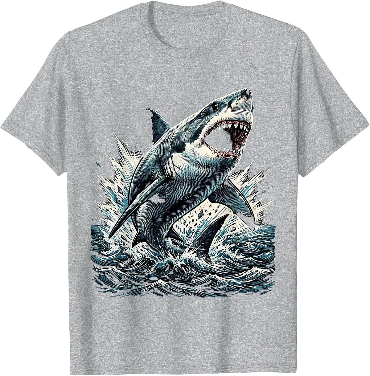 Men's Boys Shark Bursting Through Ocean Surface T-Shirt - Heather Grey