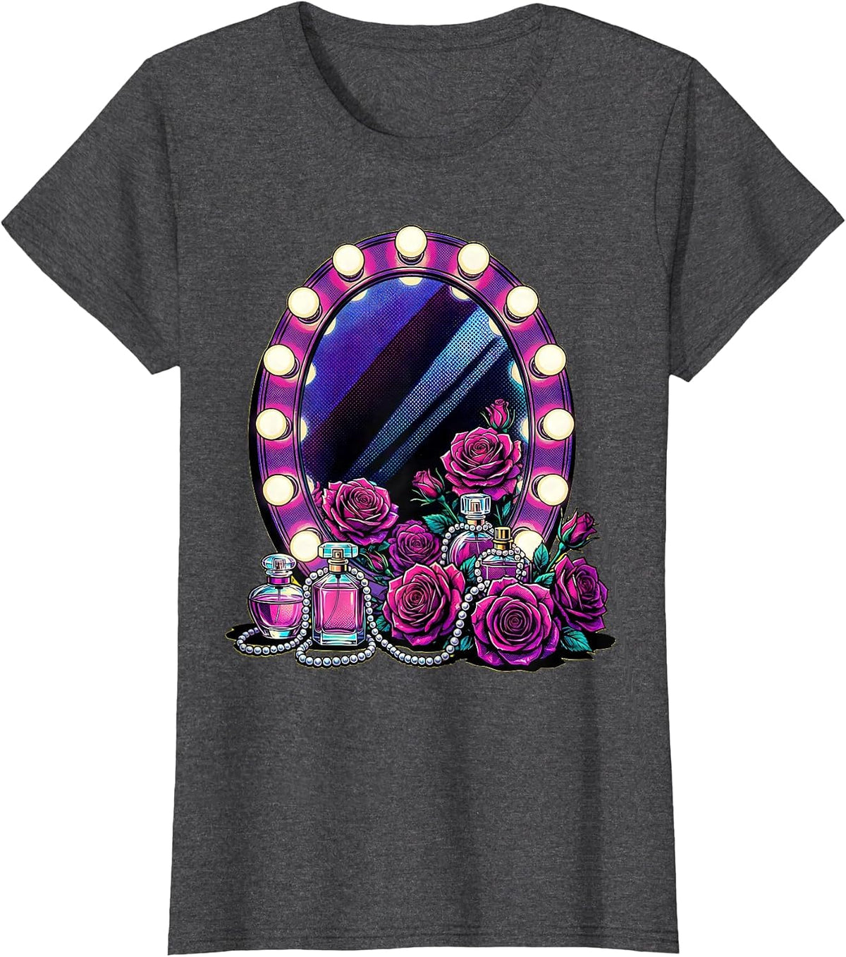 Women's Showgirl Vanity Pearls and Roses Graphic T-Shirt - Dark Heather Grey