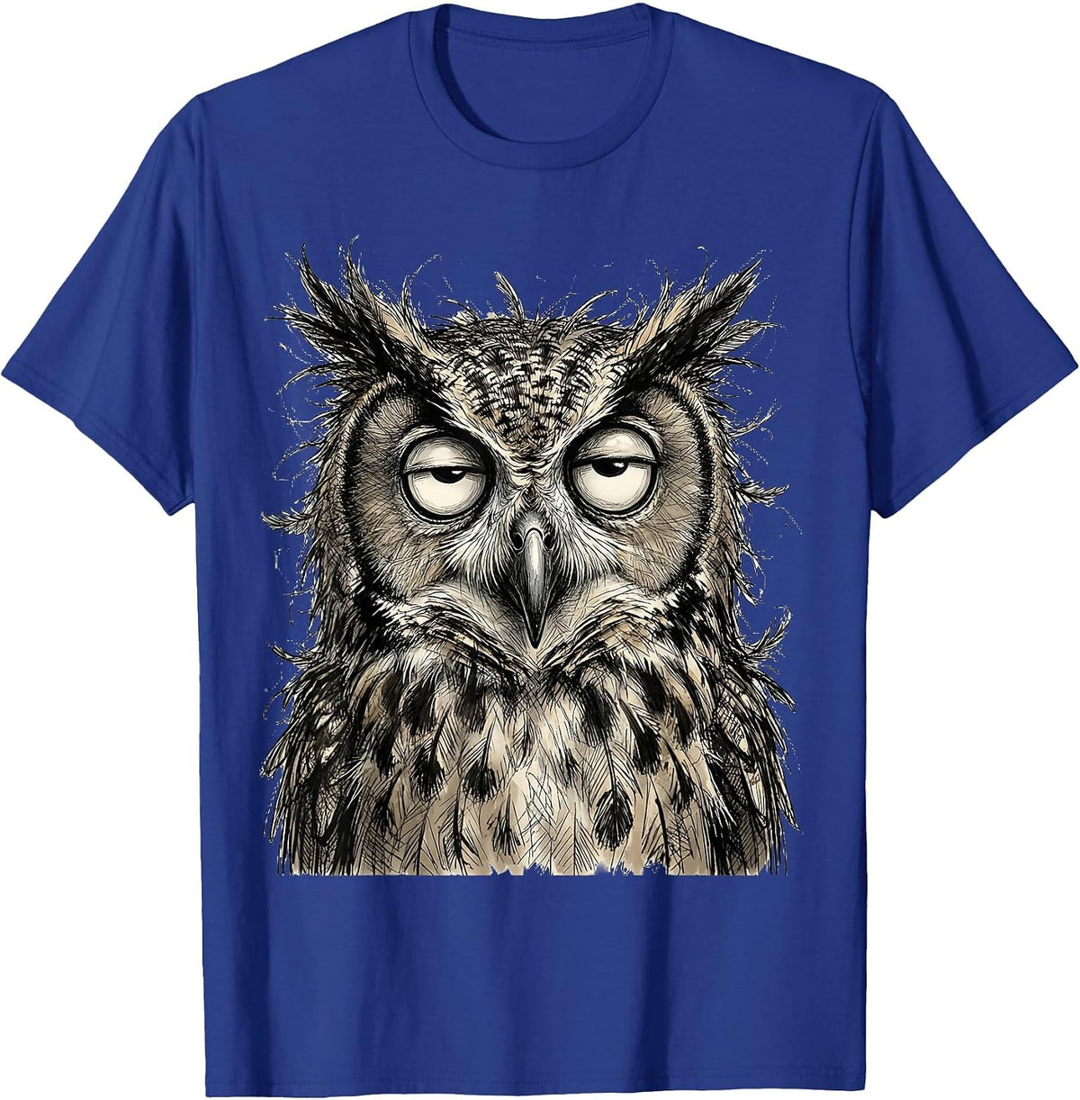 Wide-Eyed Owl Ruffled Feathers Graphic Design T-Shirt - Royal Blue