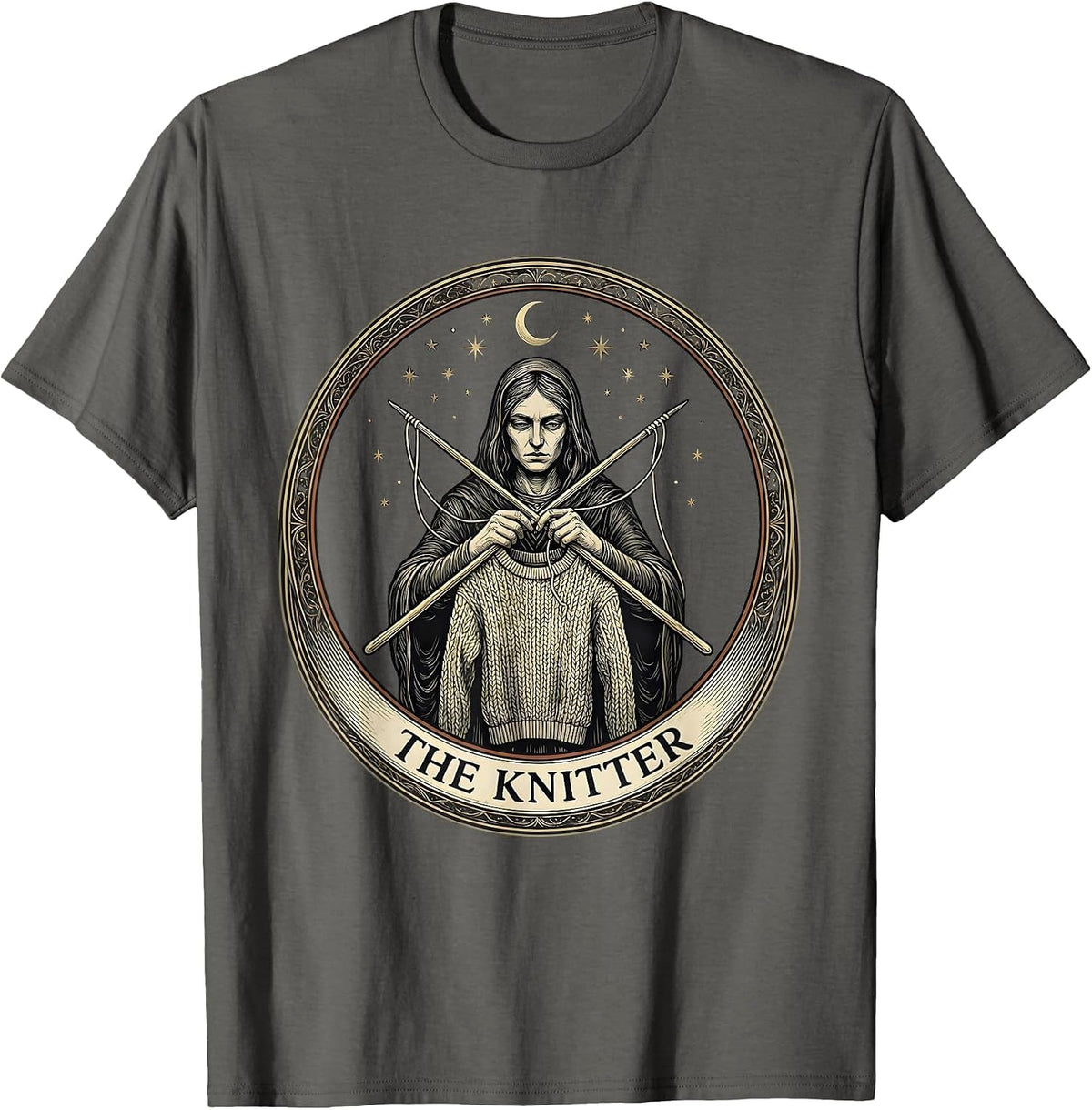 Men's THE KNITTER Emblem Funny Tarot Card Knitting Hobby Humor T-Shirt - Asphalt Grey