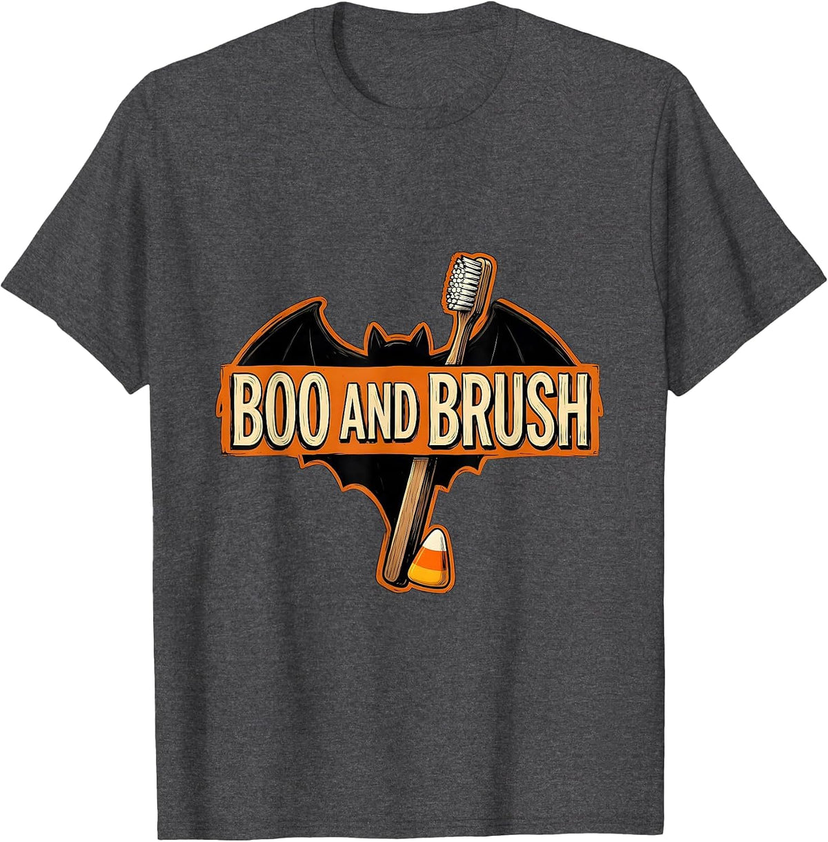 Men's Boo And Brush Funny Dental Hygienist Halloween Pun Humor T-Shirt - Dark Heather Grey