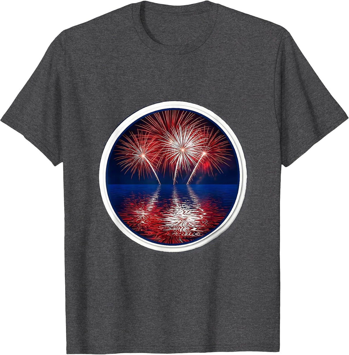 Fireworks Over Water Reflection Patriotic Design T-Shirt - Dark Heather Grey
