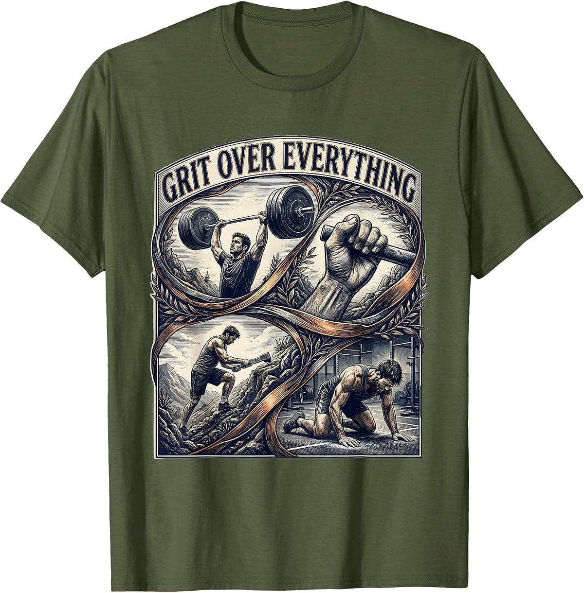 Grit Over Everything Motivational Graphic Design T-Shirt - Olive Green