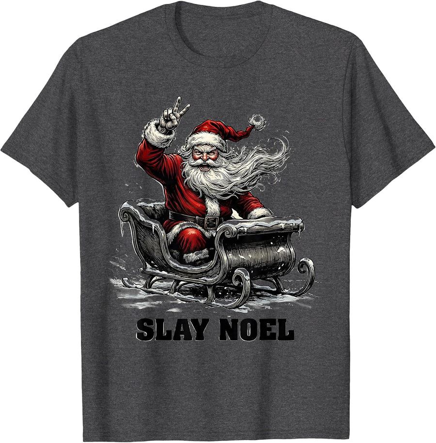 Men's Slay Noel Funny Heavy Metal Rock On Christmas T-Shirt - Dark Heather Grey