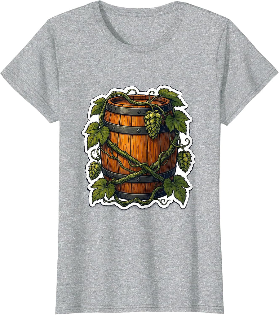 Hop Vines and Barrel Craft Beer Illustration T-Shirt - Heather Grey