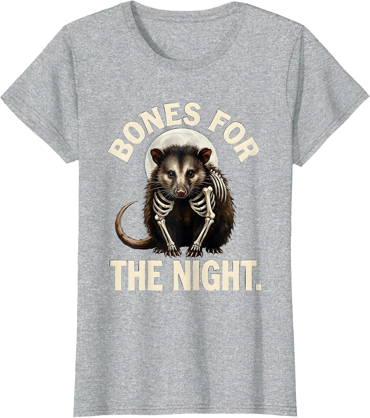 Women's Bones For The Night Vintage Opossum Halloween Spooky Moon T-Shirt - Heather Grey